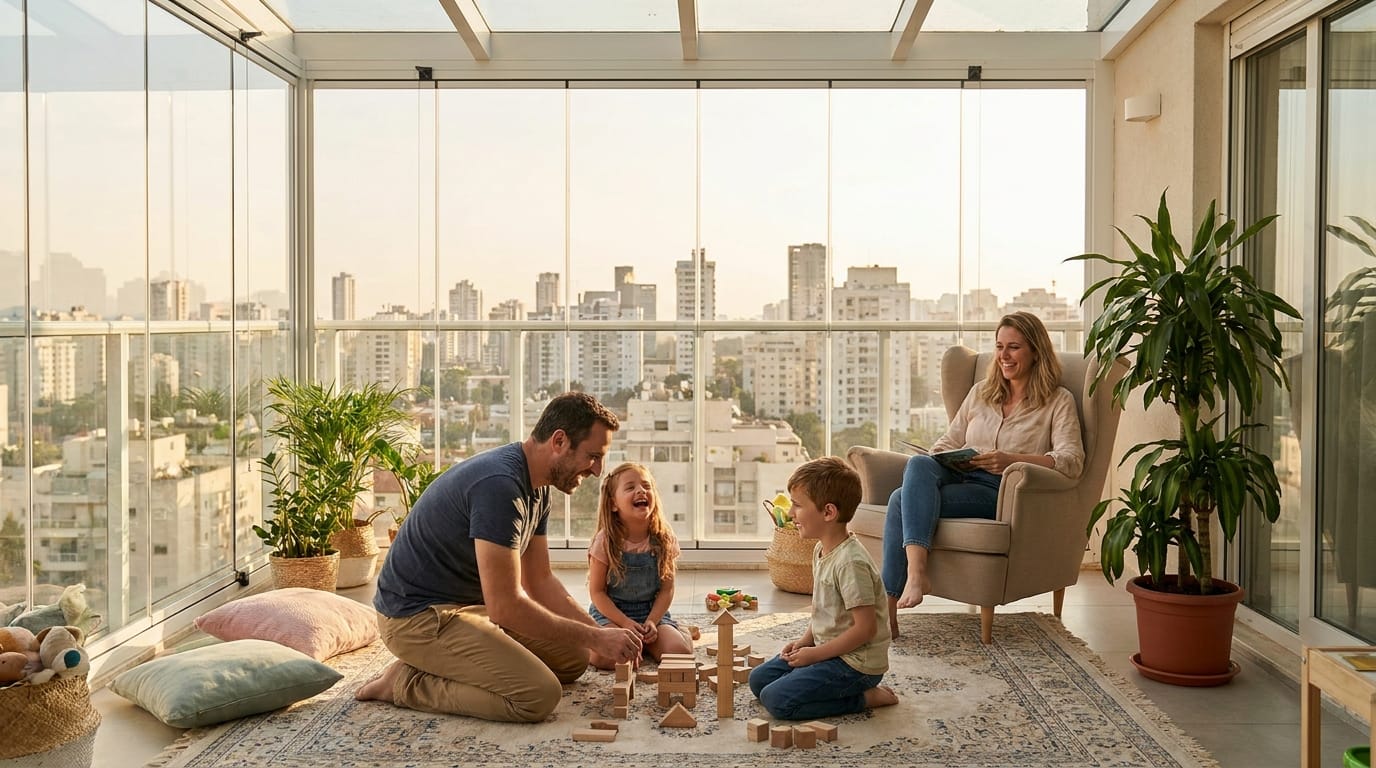 המרפסת שהפכה לחדר משחקים מואר ומוגן לכל המשפחה