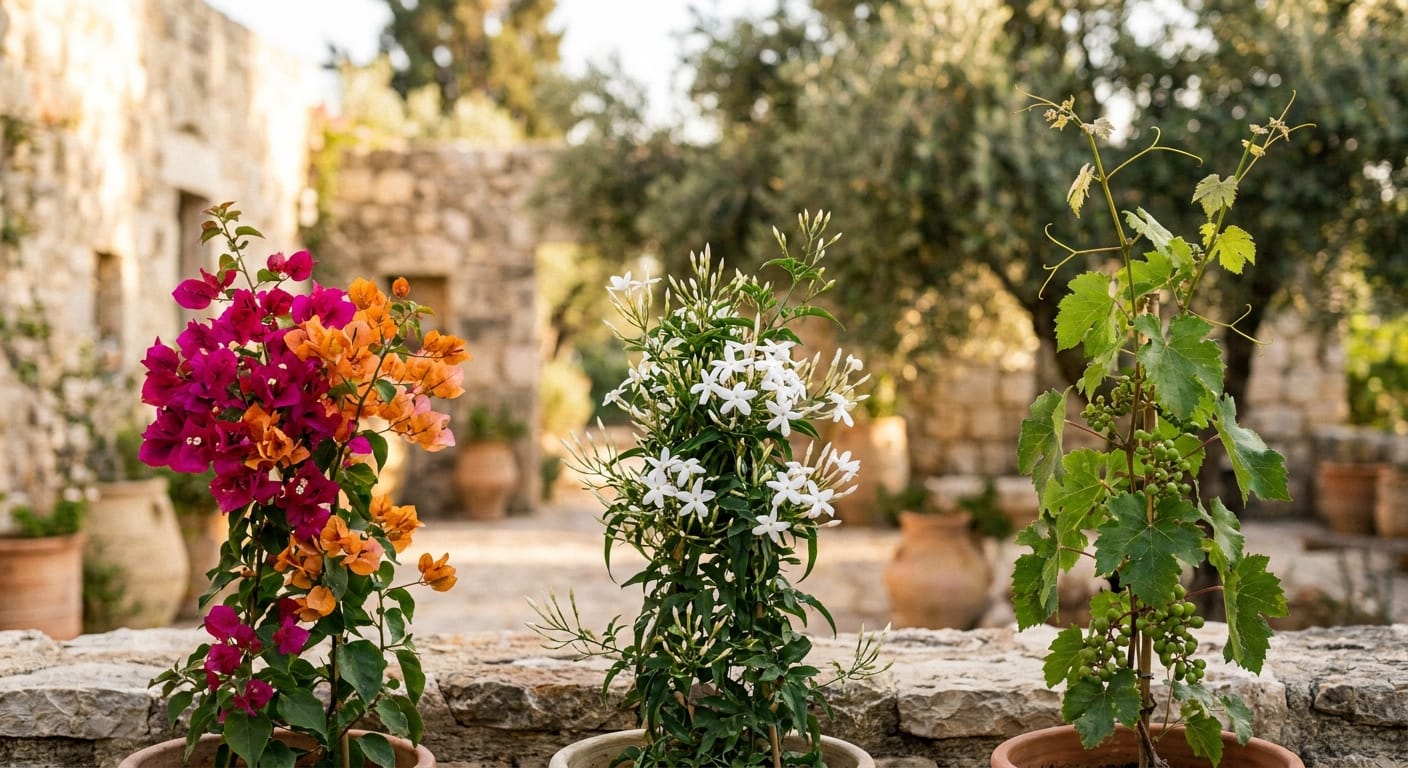 קולאז' של צמחים מטפסים כמו בוגנוויליה, יסמין וגפן המתאימים לפרגולה בישראל